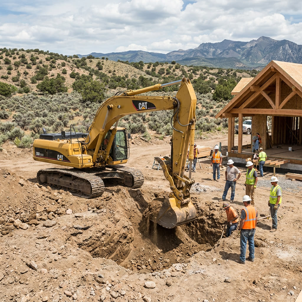 Yellow Cat 350 excavator digging a foundation trench on a Carbondale high-desert job site, crew in hard hats watching, house frame behind them.